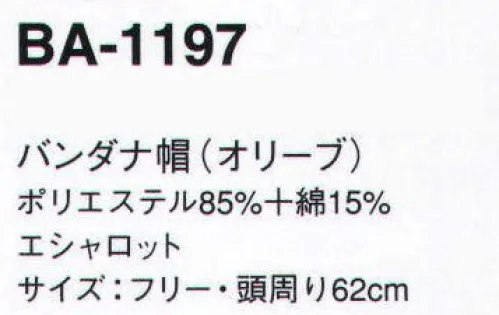 サーヴォ BA-1197 バンダナ帽 爽やかな笑顔が映えるエシャロット・コミュニケーション。シンプル＆スマートなコーディネートにキュートなエシャロット柄で味付け。明るい店内に良く似合うヨーロピアンテイストのウエアです。爽やかな雰囲気が印象的なグリーン。そのナチュラルなイメージはチノパンツやデニムとも好相性。落ち着きのあるチョコレートブラウンの帽子やエプロンをプラスして、フレンチシックな装いを楽しんで。 ※2009年12月よりプライスダウン致しました。 サイズ／スペック