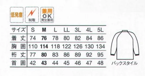 サーヴォ CJ2900-1 クリーンウエア ※SS、6Lサイズは販売終了致しました。無塵衣。表面からホコリやチリがでにくく、クリーン環境の要望に応える低発塵性。防汚性、静電気機能にも優れた高性能ウエア。制電性能のある生地表面なのでホコリ、チリが付着しにくい。静電気防止効果。耐薬品性に優れたポリエステル100％を使用。※6Lは受注生産になります。（ロット2枚）※受注生産品につきましては、ご注文後のキャンセル、返品及び他の商品との交換、色・サイズ交換が出来ませんのでご注意くださいませ。※受注生産品のお支払い方法は、先振込（代金引換以外）にて承り、ご入金確認後の手配となります。 サイズ／スペック