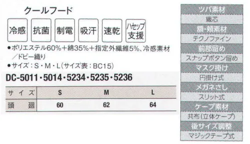 サーヴォ DC-5011 クールフード 前方メガネスリットがインナー着用時にメガネのツルをスムーズに差し込み隙間をガード。本体は接触冷感素材（アクアクール）、額の吸汗速乾ニットが落髪ズレ防止と汗止めの効果。ツバとマスク掛は織芯で洗濯可能、肩に優しいベスト型ケープ。テーピースナッパー調整。縫い代を特殊な縫製で包み隠すことで、体毛だけでなく、ほつれた糸の落下も防止。外からの異物混入も防ぎます。動画 フードの正しい被り方(1) ©株式会社サンペックス↓http://youtu.be/UMeyR9dggI41．鏡をみて正しく着用しましょう。2．吸汗部分を額に合わせ髪を包み込むように被りましょう。3．マスク掛け等が正しい位置にきているか確認しましょう。4．アゴ下でケープの留め部分を少し引き加減で留めましょう。動画 フードの正しい被り方(2) ©株式会社サンペックス↓http://youtu.be/1x-fKfp3yNc5．ケープの上から上着を着用し、はみ出さないようにしましょう。（食品の衛生管理システムの国際基準）HACCP支援対応のウェア。異物混入対策仕様で、さらに繊維混入防止を強化！糸のほつれを防ぐホツレ糸落下防止仕様となっています。 サイズ／スペック