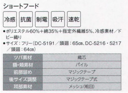 サーヴォ DC-5191 ショートフード 本体に快適な接触冷感素材を採用。ツバは耐洗濯性の織芯入り。額はパイル素材で落髪・ズレ防止と汗止めの効果。耳は通気性と通音性に優れたメッシュ。後ろマジックテープでサイズ調整可能。 サイズ／スペック