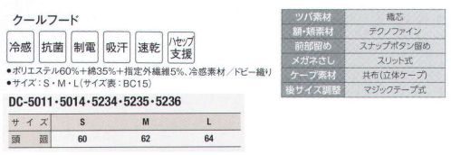 サーヴォ DC-5235 クールフード 本体は接触冷感素材（アクアクール）で、額・頬に、ぴったりフィットする吸汗速乾ニット。メガネ着用時の隙間をガードする「メガネスリット」、庇芯は洗濯に強いポリエステル製「織芯」を起用。額は快適な着用感の二重縫い、ケープは肩に優しい立体パターンです。縫い代を特殊な縫製で包み隠すことで、体毛だけでなく、ほつれた糸の落下も防止。外からの異物混入も防ぎます。動画 フードの正しい被り方(1) ©株式会社サンペックス↓http://youtu.be/UMeyR9dggI41．鏡をみて正しく着用しましょう。2．吸汗部分を額に合わせ髪を包み込むように被りましょう。3．マスク掛け等が正しい位置にきているか確認しましょう。4．アゴ下でケープの留め部分を少し引き加減で留めましょう。動画 フードの正しい被り方(2) ©株式会社サンペックス↓http://youtu.be/1x-fKfp3yNc5．ケープの上から上着を着用し、はみ出さないようにしましょう。（食品の衛生管理システムの国際基準）HACCP支援対応のウェア。異物混入対策仕様で、さらに繊維混入防止を強化！糸のほつれを防ぐホツレ糸落下防止仕様となっています。 サイズ／スペック