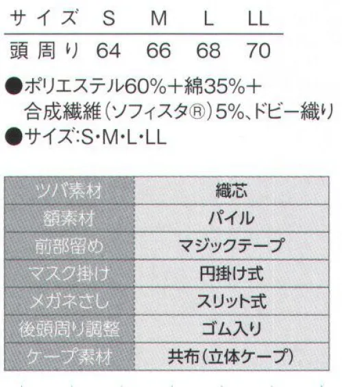 サーヴォ DC-5240 クールフード 本体に快適な接触冷感素材（アクアクール）を採用。ツバとマスク掛は耐洗濯の織芯入り。額はパイル素材で落髪・ズレ防止と汗止めの効果。立体ケープで肩の負担を軽減し動きやすさを考慮。眼鏡さしを装備。縫い代を特殊な縫製で包み隠すことで、体毛だけでなく、ほつれた糸の落下も防止。外からの異物混入も防ぎます。動画 フードの正しい被り方(1) ©株式会社サンペックス↓http://youtu.be/UMeyR9dggI41．鏡をみて正しく着用しましょう。2．吸汗部分を額に合わせ髪を包み込むように被りましょう。3．マスク掛け等が正しい位置にきているか確認しましょう。4．アゴ下でケープの留め部分を少し引き加減で留めましょう。動画 フードの正しい被り方(2) ©株式会社サンペックス↓http://youtu.be/1x-fKfp3yNc5．ケープの上から上着を着用し、はみ出さないようにしましょう。（食品の衛生管理システムの国際基準）HACCP支援対応のウェア。異物混入対策仕様で、さらに繊維混入防止を強化！糸のほつれを防ぐホツレ糸落下防止仕様となっています。 サイズ／スペック