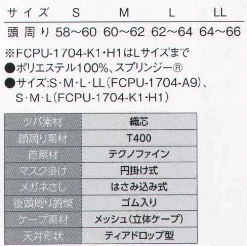 サーヴォ FCPU-1704 クールフード（被りタイプ） スッキリドライのフードタイプに新作が登場！！“かぶりやすさ”にこだわりました！毛髪落下防止に特化した“かぶりタイプ”1.眉毛落下を考えたこだわり設計。額部分の素材を従来商品よりも広めにとっています。それにより、眉毛が隠れるので、眉毛落下の防止につながる安心の設計です。2.メガネさしを改良してメガネの着脱をスムーズにしました。メガネの着脱がスムーズに行えるように、さし込み口を広めに設計しています。加えて、メガネのズレを抑えるために、伸縮素材を採用してメガネのホールド感を高めています。3.ティアドロップ型で頭部の密着感をアップ。甲頭部の裁断を涙型にすることにより、頭部がしっかりと包み込まれてフードのズレを軽減してくれます。密着度が高まることで毛髪落下の防止につながります。ベタつかない！【スッキリドライ】素材。いつまでも続くドライでサラッとした肌触り。作業中の汗は、作業効率の低下に繋がります。吸汗性、速乾性に優れたスッキリドライなら、汗をかいたのに気づかないほどのサラッとした肌触りを約束してくれます。・レギュラーポリエステルの約2倍の吸収性。・綿の7倍以上のずば抜けた速乾性。・ドライ感をキープする、綿の2.5倍の拡散性。（食品の衛生管理システムの国際基準）HACCP支援対応のウェア。異物混入対策仕様で、さらに繊維混入防止を強化！糸のほつれを防ぐホツレ糸落下防止仕様となっています。※K1（サックス）、H1（グリーン）はLサイズまでです。※この商品の旧品番は「SD-5037」「SD-5061」「SD-5062」です。 サイズ／スペック