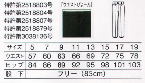 サーヴォ FP-5432 レディスパンツ ウエスト脇にパワーネットを内蔵した特許取得の「ウエストびよ～ん」。座る・かがむ等の動きによるサイズ変化に、伸縮して心地よくフィットします。小粋なショップコートとソムリエエプロン＆ベレー帽と組み合わせたり、胸当てエプロン＆キャップをプラスしたカジュアルモノトーンスタイルなど。定番色ブラックは、カジュアルからフォーマルまで表情豊かに着こなせるのが魅力。動画 劇的すご伸び 万能ブラック ©株式会社サンペックス↓360度ストレッチ＋ウエストパワーゴムでストレスフリーの履き心地。http://youtu.be/9VCA5NizeYQ サイズ／スペック