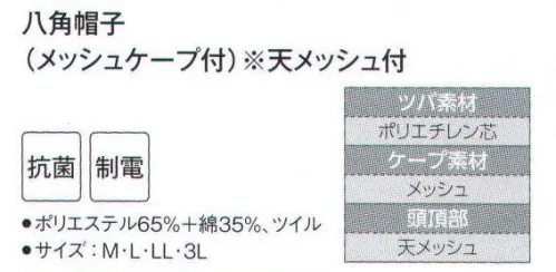 サーヴォ G-5003 八角帽子（メッシュケープ付・天メッシュ付） 抗菌加工フード。天井とケープに通気性の良いメッシュを採用しました。 サイズ／スペック