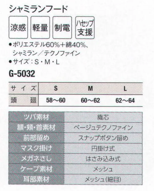 サーヴォ G-5032 シャミランフード 本体は涼感素材シャミラン。顔周りはベージュのニット素材で異物落下防止と汗止めの効果、素材は肌に優しい吸汗速乾のテクノファイン。ベージュ色にすることでファンデーションの付着も気になりません。新型立体ケープは快適なメッシュ素材。前合わせはスナップ調整式。はさみ込み式メガネさしを採用しました。（食品の衛生管理システムの国際基準）HACCP支援対応のウェア。異物混入対策仕様で、さらに繊維混入防止を強化！糸のほつれを防ぐホツレ糸落下防止仕様となっています。 サイズ／スペック