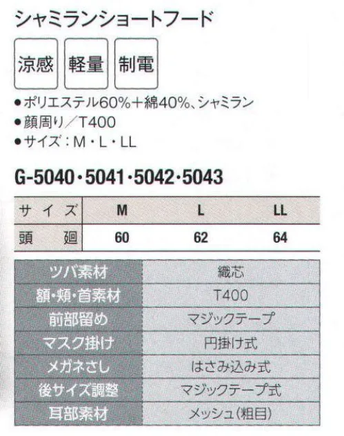 サーヴォ G-5040 シャミランショートフード 軽作業に適したショートフードです。耳部分のメッシュは作業性と快適性を追求。ツバは洗濯に耐える織芯を使用しています。 サイズ／スペック