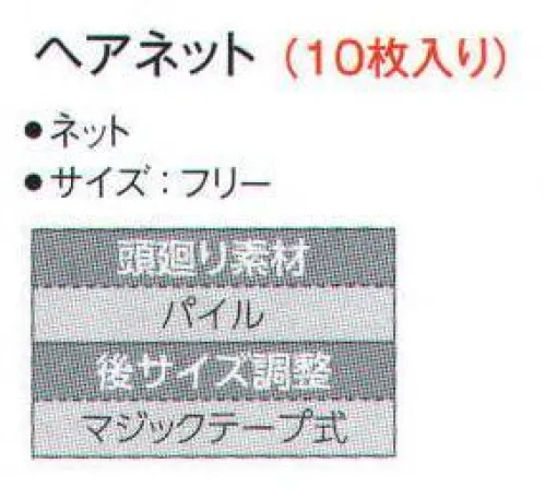 サーヴォ G-5071 ヘアネット（10枚入） 毛髪を逃がさずキャッチ！毛髪の落下を、より厳重に防止したいときには、帽子やフードの下に、ヘアネットを重ねて兼用することをお勧めします。やや深い帽子。毛髪落下を防止する細かいメッシュと吸汗性の良いパイルを採用。この上にフードを着用すれば異物混入対策をグレードアップします。※開封後の返品・交換は受付不可となります。 サイズ／スペック