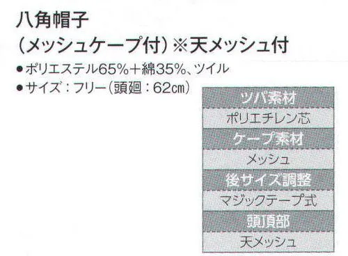 サーヴォ G-5072 八角帽子（メッシュケープ付・天メッシュ付） ゆったりしたケープでも落髪を防止。マジックテープでサイズ調整も可能です。 サイズ／スペック