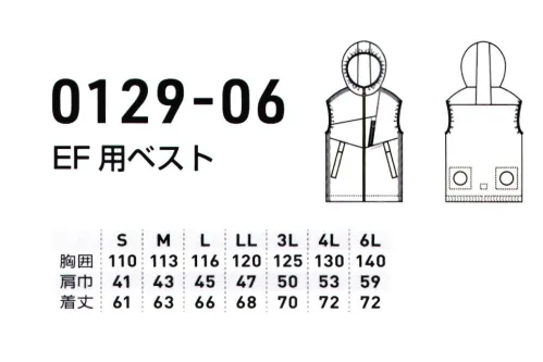 桑和 0129-06 EF用ベスト（ファン・バッテリー別売り） G.G.no limit on the GROUND.セットアップでの着こなしがこれまでにない圧倒的な涼感とかっこよさを実現。QUALITY POINT・軽量ナイロン素材を使用したストレスフリーな着心地・高い紫外線カット率で日焼けを防止・裏側チタンコーティングの遮熱素材を使用(-7.6℃)・セットアップでの着用で涼しさ2倍DETAIL POINT・ロゴ入りラインテープ・エアースルーネック・オリジナルロゴ入り引手・脇ポケット配色カン止め・ロゴプリント・ファン取付孔(直径約90mm)・内バッテリーポケット・ウエスト調節ドローコード・後ウエストゴム・風洞メッシュ※※ファン･バッテリー等は付いておりません。※ファン取付孔の直径には個体差があります。※こちらの商品は取り寄せのため、ご注文から商品お届けまでに約4～5営業日（土日祝祭日除く）程の期間をいただいております。  サイズ／スペック