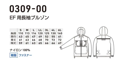 桑和 0309-00 EF用長袖ブルゾン（ファン・バッテリー別売り） G.G.no limit on the GROUND.フルハーネス対応!遮熱生地でもっと涼しいアウトドアテイストのEF用ウェア。■QUALITY POINT・軽量ナイロン素材を使用したストレスフリーな着心地・高い紫外線カット率で日焼けを防止・裏側チタンコーティングの遮熱生地を使用(-7.6℃)・フルハーネス対応商品■DETAIL POINT・フード絞り・コードエンド・フック掛けループ・胸ファスナーポケット・脇ポケット・ウエストゴム・ランヤード取出口・袖アジャストテープ・ファン取付孔(直径約90mm)・内バッテリーポケット・ラインホルダー(内側)・風洞メッシュ・ウエスト絞り※ファン･バッテリー等は付いておりません。※ファン取付孔の直径には個体差があります。※こちらの商品は取り寄せのため、ご注文から商品お届けまでに約4～5営業日（土日祝祭日除く）程の期間をいただいております。  サイズ／スペック