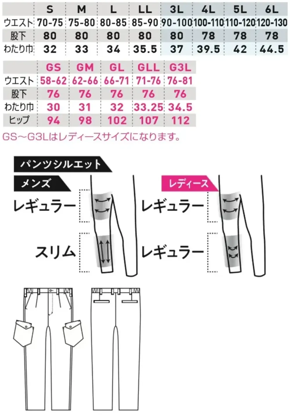 桑和 3058-08 カーゴパンツ（ワンタック、脇ゴム） サイズ・スペック