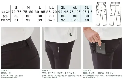 桑和 U0788-08 カーゴパンツ（ノータック、脇ゴム） サイズ／スペック