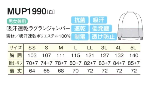 シーズン MUP1990 吸汗速乾防透ラグランジャンパー 透け防止抜群＋工業洗濯対応 ジャンパータイプしっとりとした肌触りで、軽快な着心地。高い透け防止機能を備えた新触感の生地を採用。生地の織りを新しくすることにより、肌触りのよさと、透け防止機能を格段にアップさせました。当社ならではの優れた品質●セミオートスライダー引手は固定できて洗濯時のタンブラーホールにて破損の恐れが少なく、塗膜していないニッケルシルバータイプのセミオートスライダー。●異物混入防止特殊縫製すべての縫い代を、特殊縫製（巻き縫い、パイピング）し、異物混入防止。●テーピースナッパー止め内部のインナーは、耐久性を重視し、マジックテープではなくスナップ止め加工にしました。●体毛落下防止インナー袖の内側には、体毛の落下を防止するメッシュのインナーをつけています。●吸汗・速乾汗や水分を素早く吸収し、いち早く空気中に拡散しますので肌ざわりがいつも快適です。●透け防止異形断面のポリエステル糸が透けを防止します。●低発塵ポリエステル長繊維を使用し、発塵を抑えます。脱落しにくい素材です。●制電導電糸を織り込んで帯電が一定量を超えると空気中にコロナ放電します。●抗菌繊維上の菌の増殖を抑制します。 サイズ／スペック