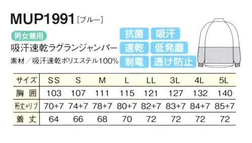 シーズン MUP1991 吸汗速乾防透ラグランジャンパー 透け防止抜群＋工業洗濯対応 ジャンパータイプしっとりとした肌触りで、軽快な着心地。高い透け防止機能を備えた新触感の生地を採用。生地の織りを新しくすることにより、肌触りのよさと、透け防止機能を格段にアップさせました。当社ならではの優れた品質●セミオートスライダー引手は固定できて洗濯時のタンブラーホールにて破損の恐れが少なく、塗膜していないニッケルシルバータイプのセミオートスライダー。●異物混入防止特殊縫製すべての縫い代を、特殊縫製（巻き縫い、パイピング）し、異物混入防止。●テーピースナッパー止め内部のインナーは、耐久性を重視し、マジックテープではなくスナップ止め加工にしました。●体毛落下防止インナー袖の内側には、体毛の落下を防止するメッシュのインナーをつけています。●吸汗・速乾汗や水分を素早く吸収し、いち早く空気中に拡散しますので肌ざわりがいつも快適です。●透け防止異形断面のポリエステル糸が透けを防止します。●低発塵ポリエステル長繊維を使用し、発塵を抑えます。脱落しにくい素材です。●制電導電糸を織り込んで帯電が一定量を超えると空気中にコロナ放電します。●抗菌繊維上の菌の増殖を抑制します。 サイズ／スペック