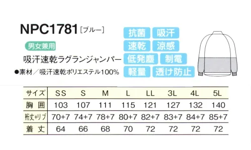 シーズン NPC1781 吸汗速乾ラグランジャンパー 優れた洗濯耐久性で、頻繁に洗濯をする作業場の強い味方です。サラッとした肌触りで、シワになりにくい。●吸汗・速乾・涼感汗や水分を素早く吸収し、いち早く空気中に拡散しますので肌ざわりがいつも快適です。気化熱を奪い涼感が得られます。●透け防止異形断面のポリエステル糸が透けを防止します。●低発塵ポリエステル長繊維を使用し、発塵を抑えます。脱落しにくい素材です。●制電導電糸を織り込んで帯電が一定量を超えると空気中にコロナ放電します。●軽量従来品（当社）同サイズよりも110g（約30％）も軽くなりました。●抗菌繊維上の菌の増殖を抑制します。 サイズ／スペック