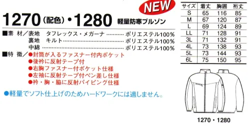 たちばな 1270 軽量防寒ブルゾン（配色） 軽量防寒屋内外問わず軽度の作業に最適な軽量防寒ブルゾン。反射パイピングが奏でるスマートなシルエット。他では少ない Made in JAPAN ユニフォーム。・後衿に反射テープ付…立衿にした時、視認性を良くする反射テープ・衿廻りから胸にかけてと脇に反射パイピング仕様…視認性を良くするパインピング・左袖に反射テープ付 ペン差し仕様…視認性を良くし、ペン等出し入れしやすい・封筒が入るファスナー付内ポケット仕様…内ポケットに大き目の(深め)ファスナー付きポケットを採用する事で、手帳、封筒等楽々収納タフレックス(表地)…ソフトな風合い、撥水性に優れている、透湿性にすぐれているメガーナ(表地)…ハイレベルな制電性能、適度な通気性、高い耐摩耗性、優れた耐洗濯性軽量でソフト仕上げの為ハードワークには適しません。 サイズ／スペック