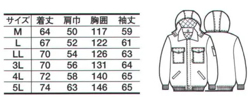 たちばな 7350 耐寒ジャンパー（フード付） 極寒地の屋外工事や冷凍倉庫の作業に最適の超耐寒（-30度でも耐える）ユニフォーム！超耐寒・耐久撥水・表地裏地制電。 【表地】雨や雪をシャットアウトする耐久撥水加工・温度低下の原因となる冷たい雨や雪をはじいて、繊維内への侵入を防ぐ耐久撥水加工。・洗濯を繰り返しても、強力に水・油類をはじく。・シミや汚れがつきにくい。【裏地】半永久的に静電気をシャットアウト・優れた制電効果がある。・洗濯しても制電効果は変わらず、持続する。・汚れや、ほこりがつきにくい。【中綿 3M™シンサレート™】1.同じ厚みであれば従来の中綿と比較し、約2倍※の断熱効果をもちます。2.同じ断熱効果で比較すると、ポリエステル綿より25％※軽くなります。3.吸水性が1％以下※なので、水気や湿気の多い所でも、断熱性がそこなわれることがなく濡れてもすぐ乾きます。4.接着剤を全く使用しておりません。5.ウインタースポーツウエア、防寒コート、防寒ユニフォーム、手袋等に最適な、動きやすく快適な当た田K差を提供する中綿素材です。（※橘被服の試験データによる）※使用素材が変更になりました。商品在庫の都合上、新旧が混在する場合がございますので予めご了承ください。旧素材「アイザック」 → 新素材「シンサレート」 サイズ／スペック