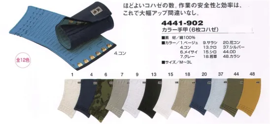 寅壱 4441-902 カラー手甲（6枚コハゼ） ほどよいコハゼの数。作業の安全性と効率は、これで大幅アップ間違いなし。