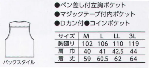 寅壱 1016-611 アーミーベスト お気に入りのベストで、プラス思考の着こなし。クールビズも快適。小粋なデザインを身に着ける。都会派のスタイルで仕事のフィールドはさらに広がる。丈夫さとやさしい着心地。作業中も、汗を素早く吸収。定評のある綿素材の吸汗性と肌触りのよさ。摩擦や熱などにも強く、夏も安心の快適性。左胸ポケットには、ペン差し機能をプラス。図面などを収納する際に便利なマジックテープ付内ポケット。マジックテープで素早く出し入れできます。キーを掛けることのできる便利なDカン付。小銭をはじめ、小さなものもきちんと収納できる右サイドコインポケット。●綿100％のソフトな着心地と吸汗性が身上。しかも、熱や摩擦に強い為、作業時に起こる接触においてもしっかりブロック。カラー展開も夏仕様です。※「7 グレー」「15 シロ」、「17 アースグリーン」、「77 スミグレー」は、販売を終了致しました。 サイズ／スペック