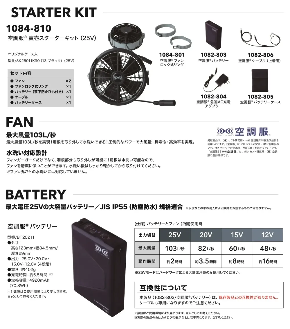 寅壱 1084-810 空調服スターターキット（25V） サイズ・スペック