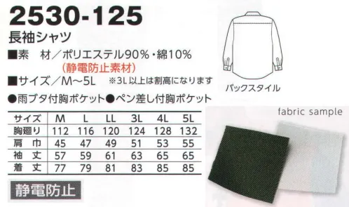 寅壱 2530-125 長袖シャツ 職場でセンスアップのスタイリッシュなシャツスタイル。 耐久性、イージーケア性、静電防止などに加え、多彩なカラーが魅力の素材。 ※この商品はトビ服でもコーディネートできます。  サイズ／スペック