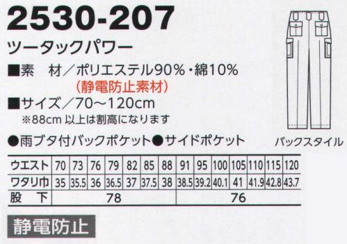 寅壱 2530-207-A ツータックパワー シルエットもゆったり。シャツやベストとの組み合わせも自由。バックポケットは中身を落としにくい雨蓋付を採用。サイドポケットは使い分け自由自在、中身を落としにくいファスナー付の2タイプポケット。 耐久性、イージーケア性、静電防止などに加え、多彩なカラーが魅力の素材。 ※この商品はトビ服でもコーディネートできます。※他のお色は「2530-207-B」、クロは「2530-207-13」、シロは「2530-207-15」に掲載しております。※「11 ムラサキ」「17 アースグリーン」は、販売を終了致しました。 サイズ／スペック