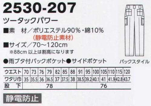 寅壱 2530-207-B ツータックパワー シルエットもゆったり。シャツやベストとの組み合わせも自由。バックポケットは中身を落としにくい雨蓋付を採用。サイドポケットは使い分け自由自在、中身を落としにくいファスナー付の2タイプポケット。 耐久性、イージーケア性、静電防止などに加え、多彩なカラーが魅力の素材。 ※この商品はトビ服でもコーディネートできます。※他のお色は「2530-207-A」、クロは「2530-207-13」、シロは「2530-207-15」に掲載しております。※「36 セレストブルー」は、在庫限りで販売を終了致します。 サイズ／スペック