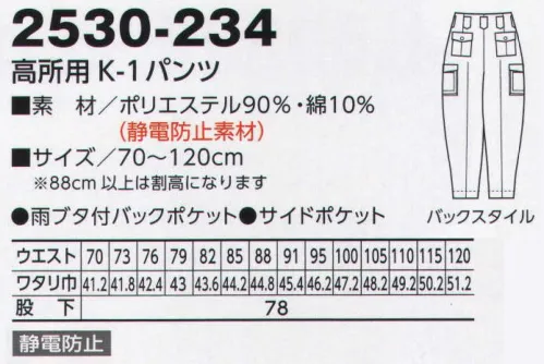 寅壱 2530-234-13 高所用パンツ 磐石のはきやすさ+安全性。頼れる一本。バックポケットは中身を落としにくい雨蓋付を採用。サイドポケットは使い分け自由自在、中身を落としにくいファスナー付の2タイプポケット。 耐久性、イージーケア性、静電防止などに加え、多彩なカラーが魅力の素材。 ※この商品はトビ服でもコーディネートできます。※他のお色は「2530-234」、シロは「2530-234-15」に掲載しております。 サイズ／スペック