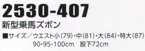 寅壱 2530-407 新型乗馬ズボン 定評のある2530素材に、乗馬ズボンが仲間入り。長く愛されている、丈夫＆快適のスタイル。ゆとりのあるワタリ幅に、履きやすさと動きやすさを追求した細身シルエット。クオリティだけでなく、コーディネートも自在。プロ絶賛の傑作シリーズ。●静電気をしっかりガード。タフで安全な機能素材を採用。素材は、丈夫で手入れのしやすいポリエステルに、吸汗性や肌触りのいい綿を加味した混紡のマテリアル。しかも制電素材のため、静電気の発生やゴミの付着をしっかりとブロック。●いつでも、どこでも。ワークシーンを想定したアイテムをラインナップ。さまざまな職種や作業を想定し、スタイルも多彩に用意。ベーシックなニッカズボンから専門的な胴付まで、多種多様。あらゆるトビスタイルに対応するラインナップです。●自分好みで、着こなしも楽しめる豊富なカラーバリエーション。より個性的な着こなしができるようカラーも豊富に用意。いずれも発色のいいカラーリングで、自分好みのコーディネートが楽しめるよう配慮されています。長く着られて、破れにくい。Super制電擦り切れに強い、土ほこりがつきにくい静電気障害に対抗する超制電性繊維東レSA-7®の制電効果は、帯電した静電気をカーボンブラックを通して放電するというメカニズムにより発揮されるのです。 サイズ／スペック