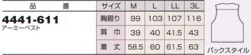 寅壱 4441-611-B アーミーベスト 天然素材の安心感とナチュラルなタッチ。年輪を重ねるような着心地が男たちを捉える。ソフトな着心地に増して、ナチュラルな風合いが身上。着るほどに馴染む感覚は綿ならではのもの。 4441 シリーズは、綿100％。素材の魅力は何といっても、すぐれた耐久性と吸汗性。しかも、他の素材にはないソフトな肌ざわりが特徴だ。汗をかくことの多い作業現場では、いつも快適な着心地をキープしてくれるマテリアルといえる。熱や摩擦に強いことも、いっそう安心感を高める。 ※天然素材の商品は、表示寸法より寸法差がある場合がございます。※他カラーは、「4441-611-A」に掲載しております。※「67 メイサイ（グレー）」は、販売を終了致しました。 サイズ／スペック