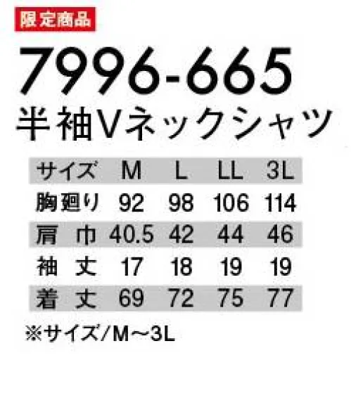 寅壱 7996-665 半袖Vネックシャツ ※リミテッド商品の為、無くなり次第終了となります。衿元すっきりのVネック。夏必須のクーリングインナー、「ICE SILKY」※「4L」、「5L」は販売を終了致しました。 サイズ／スペック