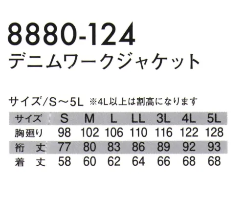 寅壱 8880-124 デニムワークジャケット 瞬時に熱と汗を排出する「ICEJADE®」を使用した接触冷感汗を瞬時に吸水排出で快適な着心地をキープ。快適に動ける横ストレッチ。従来のデニムカラーを3色加えた4色展開。ラグランスリーブで腕の可動域を拡大。前開きファスナーは差し込みやすいQuickFree®を採用。閉めた後にチェーンを左右に引っ張るだけでも開けられる。QuickFree®簡単操作。差し込む際にスライダー下面に添えて入れることができる挿入補助機能がついています。※QuickFree®はYKK株式会社の登録商標です。クイックリリース機能チェーンを左右に引っ張るだけでも簡単に開けることができます。●デニム製品のお取り扱い上のご注意・洗濯時色落ちしまうので他の物と分けて洗ってください・蛍光増白剤配合の洗剤を使用しないでください・洗濯が終わったらすぐに洗濯機から取り出し、干す際は形を整えて、吊陰干ししてください。・乾燥機のご使用はお避け下さい・この製品の特性上、着用中の摩擦や汗などにより色落ちすることがありますのでご注意ください・白い衣服など淡い色と重ねて着用された場合や、白、ベージュなど、淡い色のハンドバックや、淡色のソファー、シートベルトなどにも色移りすることがありますのでご注意ください。・ご購入されたら1度洗濯してから着用することをおすすめします。・漂白剤及び漂白剤入りの洗剤のご使用はさけてください。 サイズ／スペック