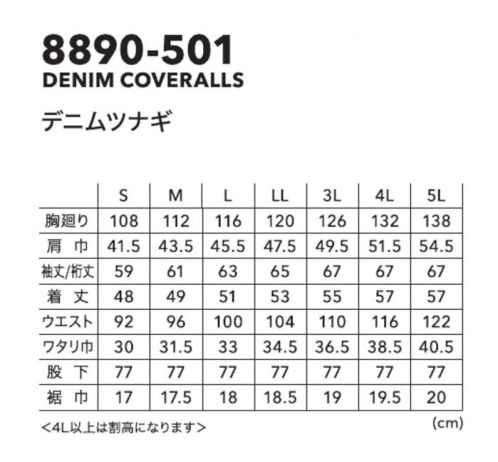 寅壱 8890-501 デニムツナギ 【8890 SERIES】●アフリカコットンを使用し、最新設備の工場で縫製された製品●シンプルながらステッチワークの効いたベーシックなデザイン●ストーンウォッシュによるビンテージ加工仕様[デニム製品お取り扱い上のご注意]●洗濯時色落ちしますので他のものと分けて洗ってください。●蛍光増白剤配合の洗剤は使用しないでください洗濯が終わったらすぐに洗濯機から取り出し、干す際は形を整えて、吊陰干ししてください乾燥機のご使用はお避けください。●この製品の特性上、着用中の摩擦や汗などにより色落ちすることがありますのでご注意ください。●白い衣服など淡い色と重ねて着用された場合や、白ベージュなど、淡い色のハンドバッグや、単色のソファー、シートベルトなどにも色移りする事がありますのでご注意ください。●ご購入されたら1度洗濯してから着用することをおすすめします漂白剤及び漂白剤入りの洗剤の使用はさけてください。 サイズ／スペック