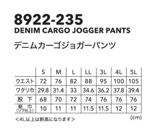 寅壱 8922-235 デニムカーゴジョッパーズ 【8922 SERIES】●ストレッチをしっかり効かせたデニムにケミカルストーンウォッシュ加工を施し、デニムらしい表面感を実現●スリムシルエットのカーゴタイプと、レギュラーシルエットのジョガータイプで装いの幅も広がる[デニム製品お取り扱い上のご注意]●洗濯時色落ちしますので他のものと分けて洗ってください。●蛍光増白剤配合の洗剤は使用しないでください洗濯が終わったらすぐに洗濯機から取り出し、干す際は形を整えて、吊陰干ししてください乾燥機のご使用はお避けください。●この製品の特性上、着用中の摩擦や汗などにより色落ちすることがありますのでご注意ください白い衣服など淡い色と重ねて着用された場合や、白ベージュなど、淡い色のハンドバッグや、単色のソファー、シートベルトなどにも色移りする事がありますのでご注意ください。●ご購入されたら1度洗濯してから着用することをおすすめします。●漂白剤及び漂白剤入りの洗剤の使用はさけてください。■強いケミカルウォッシュ加工で生地の色・風合い。仕上サイズ寸に個体差やダメージが生じる場合があります。■製品の特徴で、色落ち・使用感を強調したデザインです。着用や洗濯による表情・風合いの変化をお楽しみ下さい。 サイズ／スペック