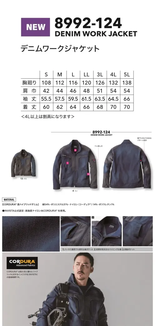 寅壱 8992-124 デニムワークジャケット サイズ／スペック