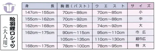 江戸一 EBA-KOI-1 絵羽鯉口シャツ(大人)鯉 より大胆に。鯉口シャツ全体に迫力ある柄を大胆に描いた絵柄になっています。※この商品はご注文後のキャンセル、返品及び他の商品との交換・サイズ交換が出来ませんのでご注意くださいませ。※なお、この商品のお支払方法は、先振込（代金引換以外）にて承り、ご入金確認後の手配となります。 サイズ／スペック