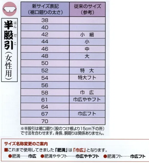 江戸一 HANDAKO-6L 半股引（晒）（女性） 江戸一では、皆さまの趣向に応えるため、さまざまな色・柄を取り揃えております。私どもでは「粋さ」を生かすためには、いかに体型に合ったサイズを着ていただけるかが大事と考えております。そのため、江戸一ではきめ細かいサイズをご用意いたしております。 「半股引女性用」でさらに粋に 江戸一では、半股引についても女性用サイズをご用意しております。女性の方が従来の半股引を着用しますと、ウエストがゆるく、下腹部周辺にシワがよってしまいます。女性用サイズは、女性の体型に合わせ、股上が深く、ウエストもピッタリとフィットしますのでしわも少なくより粋に着こなすことができます。 ※半股引は裾口廻り（股のつけ根より15センチ下の所）で寸法を合わせます。身長、胴廻りは関係ありません。 ※この商品はご注文後のキャンセル、返品及び他の商品との交換・サイズ交換が出来ませんのでご注意くださいませ。※なお、この商品のお支払方法は、先振込（代金引換以外）にて承り、ご入金確認後の手配となります。 ※この商品はサイズ名称が変更になりました（旧品番HANDAKO-2）。 サイズ／スペック