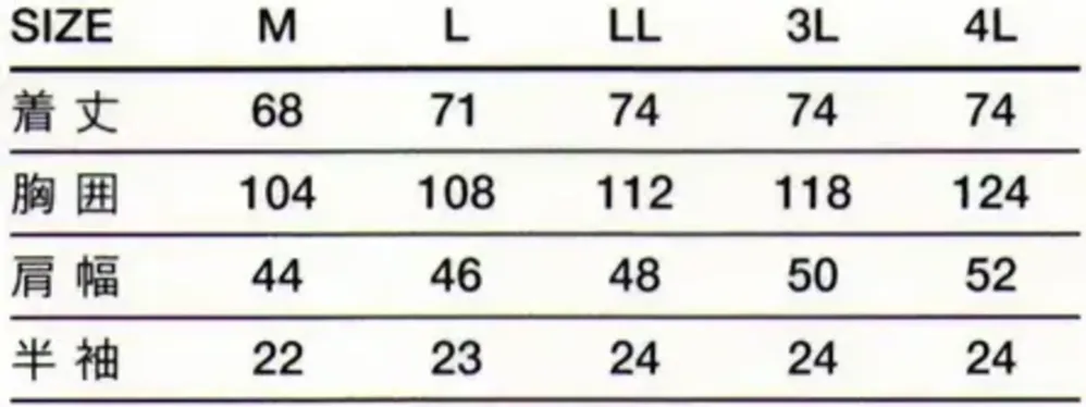 傳馬屋 3262 寿司コート 半袖 サイズ・スペック