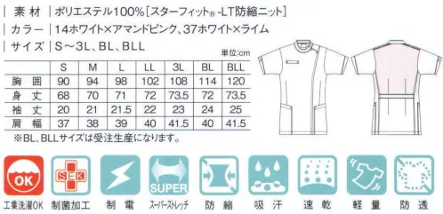 キラク CM034 チュニック ひとに寄り添う仕事だからこそ機能性とデザイン性を両立した新スタイル。●衿元＆衿裏窮屈感を解消した衿設計。汚れが目立ちにくい衿裏ネイビー配色。●肩のネームホルダー留め治療やリハビリの際にネームホルダーが当たらないよう、肩のラインに留めることができます。●ベルト切替えタックを入れることで窮屈感を解消。ウエストをすっきりと見せるベルト切替付き。※BL・BLLサイズは受注生産になります。※受注生産品につきましては、ご注文後のキャンセル、返品及び他の商品との交換、色・サイズ交換が出来ませんのでご注意ください。※受注生産品のお支払い方法は、先振込（代金引換以外）にて承り、ご入金確認後の手配となります。 サイズ／スペック