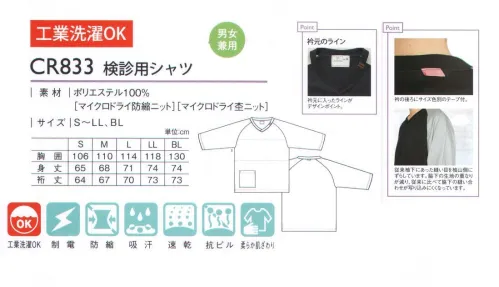 キラク CR833 検診用シャツ 衿元の2本ラインがアクセントのスタイリッシュウェア。checkup wear series利便性も着心地も。着用者の着心地にこだわり様々な検査に対応した検診専用のウエアシリーズ。MICRODRY肌にやさしい。吸汗速乾ドライ。毛玉がつきにくい。天然繊維を超えるソフトな肌触り。肌面に綿より柔らかい抗ピルポリエステルスパン「パナパック」を使用していますので、素肌にやさしいソフトな肌触りをしています。（一般的な吸汗・速乾素材は、肌面にポリエステルフィラメントを使っています。）POINT・レントゲンに映り込みにくい工夫…従来袖下にあった縫い目を袖山側にずらしています。脇下の生地の重なりが減り、従来に比べて脇下の縫い合わせが映り込みにくくなっています。・サイズ色別テープ…衿の後ろにサイズ色別のテープ付。・衿元のライン…衿元に入ったラインがデザインポイント。 サイズ／スペック