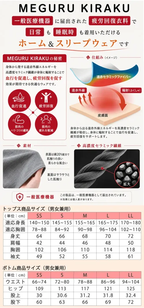 キラク CV030 MEGURU KIRAKU（めぐりきらく）リカバリーウェア めぐり着 上下セット サイズ／スペック