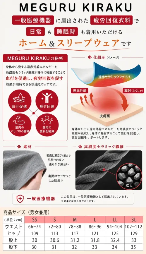 キラク CV070 MEGURU KIRAKU（めぐりきらく）リカバリーウェア めぐり着 ハーフパンツ サイズ／スペック