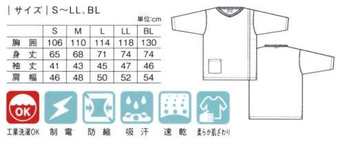 キラク CV301 前開き検診用シャツ 衿元に合わせたカラーステッチがオシャレな印象。【大きく開き胸の上までしっかりみえる安心の設計】・左右に大きく開く前身頃肩先から左右に大きく開き、胸の上までしっかりみることができます。また、腹囲の測定もしやす仕様となっています。・胸の部分に透けない工夫胸の部分を二重にし、透け防止する工夫をしています。女性の方でも安心して着用していただけます。・レントゲンに映り込みにくい工夫従来袖下にあった縫い目を袖山側にずらしています。脇下の生地の重なりが減り、従来に比べて脇下の縫い合わせが映り込みにくくなっています。・サイズ色別テープ衿の後ろにサイズ色別のテープ別 サイズ／スペック