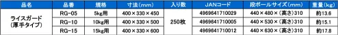 東京メディカル RG-05 ライスガード（5kg）（250枚入り） オールタイム ライスガード。250枚入り。ご飯の美味しさをしっかり守ります。●炊飯米の湯気（水蒸気）を素早くライスガードの外に逃がします。●ライスガードの吸水紙が結露水を吸収して逆流を防ぎ、ご飯の保温コントロールを行います。●ご飯のべとつきやふやけを防ぎ、炊きたての美味しさを保ちます。●ライスガードは炊飯米の剥離性にも優れています。※炊飯米の専用袋です。※ワンウェイ方式ですので一回毎に新しいものをご使用ください。※米飯用保温・保管コンテナと併用してご使用ください。※この商品はご注文後のキャンセル、返品及び交換は出来ませんのでご注意下さい。※なお、この商品のお支払方法は、先振込（代金引換以外）にて承り、ご入金確認後の手配となります。 サイズ／スペック