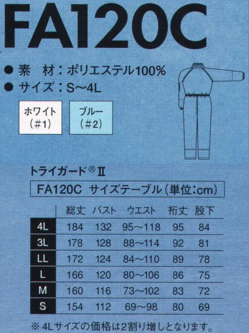 東洋リントフリー FA120C ツナギ服 「トライガードII」「TRI-GUARD II」高度な防塵性能はそのままに、防透性、通気性をさらに高めました。1、漏洩。2、透過。3、素材の発塵三要素防御に加え、新素材ウェーブロンも採用により、さらに快適な着心地を実現しました。新素材ウェーブロン（WAVERON）は、ユニークな四つ山扁平状の断面をもつ、新感覚の機能性繊維です。従来の丸断面の繊維と比べ織編物の組織の隙間を密に埋めることができ、断面形状など原糸特性を生かしたファブリケーションで、ウェアの防透性、耐水性、吸汗性能をも高めています。●「吸汗・速乾性」断面形状がつくる繊維間空隙に水分を吸い込み、繊維表面の溝が拡散を速めます。●「防塵性能」断面形状により織編物組織の隙間を埋めることにより衣服内の漏洩発塵を抑制。●「ソフトでしなやかな風合い」扁平断面のため曲がりやすく、独特なしなやかさとドレープ性があります。●「通気性」高採集性能かつ通気性は従来素材の約3倍。●「防透性・防視認性」扁平断面を生かすことで、今までに解決できなかった淡色での透け感を防ぎます。●「マイルドな光沢」四つの山が光を乱反射し、扁平糸特有のぎらついた光沢を防止。※「エレクトロニクス」「製薬・医薬」「食品製造」に適しています。※クラス10対応。フードは別売りでご用意しております。※ストライプ状に制電糸が入っています。　※この商品の品番はFX120Cに変わりました。 サイズ／スペック