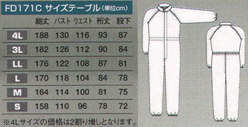 東洋リントフリー FD171C ツナギ服 全ての防塵服の原点。シンプルな仕様は2回のマイナーチェンジを経て、超ロングセラー防塵服となりました。 防塵服の原型ともいえるベーシックモデルで、異物混入防止の為、ペン差し、名札ループ、ポケット等一切取り付けない仕様。レギュラーサイズ以外のビックサイズも取り揃えています。ウエストはひも調節式のため、着用する人の体型に合ったサイズ調整が可能です。  ※クラス1000（ISOクラス～6）。 ※フードは別売りでご用意しております。 ※ストライプ状に制電糸が入っています。 サイズ／スペック