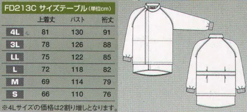 東洋リントフリー FD213C 上衣（ジャケット） 上着裾部分が二重構造仕様となって、異物混入防止対策に最適なセパレート型防塵服。  上着の裾部分が二重構造となり、上半身の衣服内から異物が落下するのを防止。二重部分内裾には通気性の高い素材を採用し、快適性にも配慮。 ※ストライプ状に制電糸が入っています。 サイズ／スペック