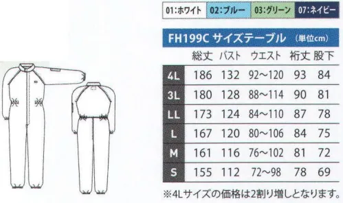 東洋リントフリー FH194C ツナギ服（腰裏付） 徹底してコストダウンを図ったロープライス防塵服。カラーバリエーション4色で、識別管理に役立ちます。 ※クラス1000（ISOクラス～6）。※フードは別売りでご用意しております。 ※ストライプ状に制電糸が入っています。 ※この商品は腰裏付きです。腰裏無しは「FH199C」になります。※「4ネイビー」は、生産終了致しました。 サイズ／スペック