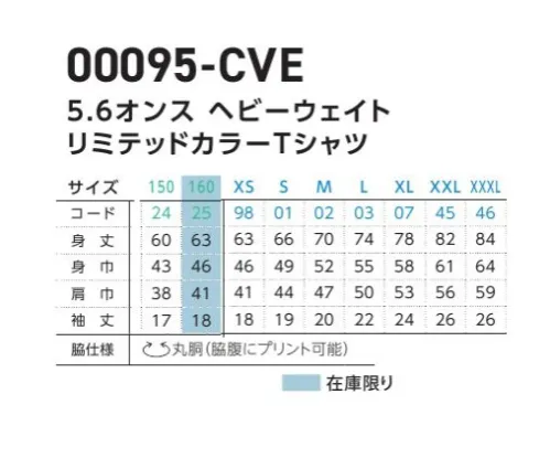 トムス 00095-CVE-B 5.6オンス ヘビーウェイト リミテッドカラーTシャツ 人気の定番Tシャツにトレンドカラーが期間限定で仲間入り。※他カラーは「00095-CVE」に掲載しております。※「160サイズ」は、在庫限りで販売を終了致します。※トムスの一部商品は、個包装されておりません。予めご了承ください。※この商品はご注文後のキャンセル、返品及び交換は出来ませんのでご注意ください。※なお、この商品のお支払方法は、前払いにて承り、ご入金確認後の手配となります。 サイズ／スペック